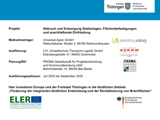 Ein Plakat zur Förderung eines Stall-Abbruchs mit Logos der beteiligten Firmen